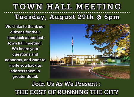 Town Hall Meeting Tuesday August 29th at 6pm. 